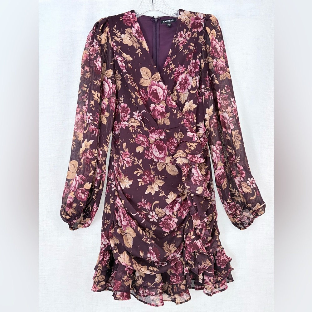 Formal Express burgundy chiffon mini dress,floral print,metallic details.Sz XS